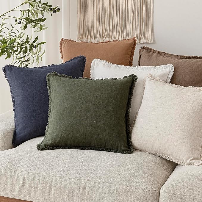 Foindtower Set of 2 Decorative Linen Fringe Throw Pillow Covers Cozy Farmhouse Cushion Cover with Tassels Accent Pillowcase for Couch Chair Sofa Bed Living Room Home Decor,18×18 Inch,Dark Olive Green
