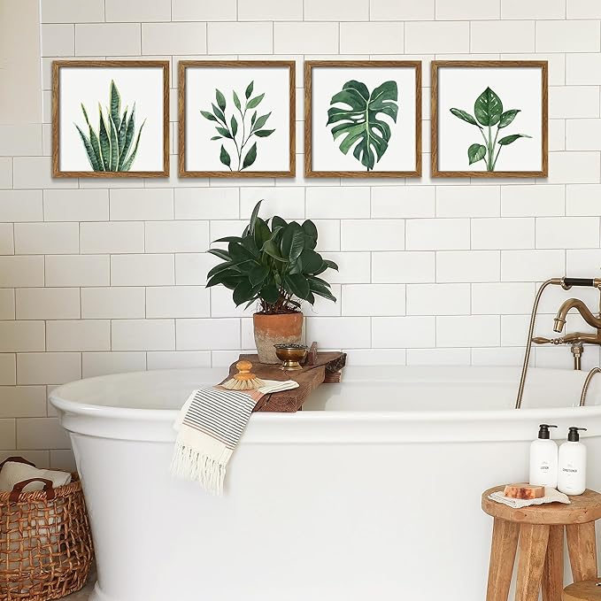 ArtbyHannah Framed Bathroom Wall Decor, Botanical Wall Art with Sage Green Plant Print for Bedroom Decoration, Minimalist Restroom Decor(Walnut, 8x8 Inch)