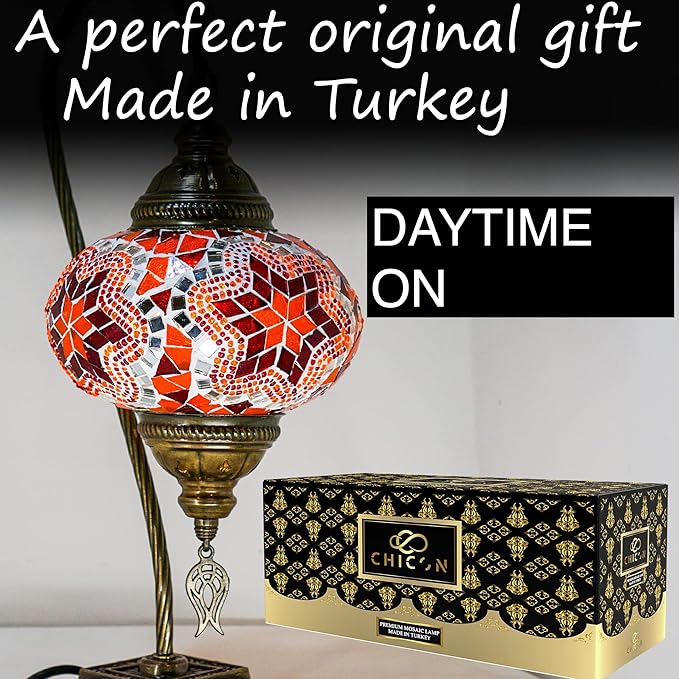 CHICON Handmade Mosaic Turkish Lamp | Genuine Glass Mosaic | A Piece of Art in Unique Lamps | Antique Vintage Lamp | Tiffany Boho Lamp | Moroccan Bohemian Small Table Lamp - SWAN Flower Red Amber