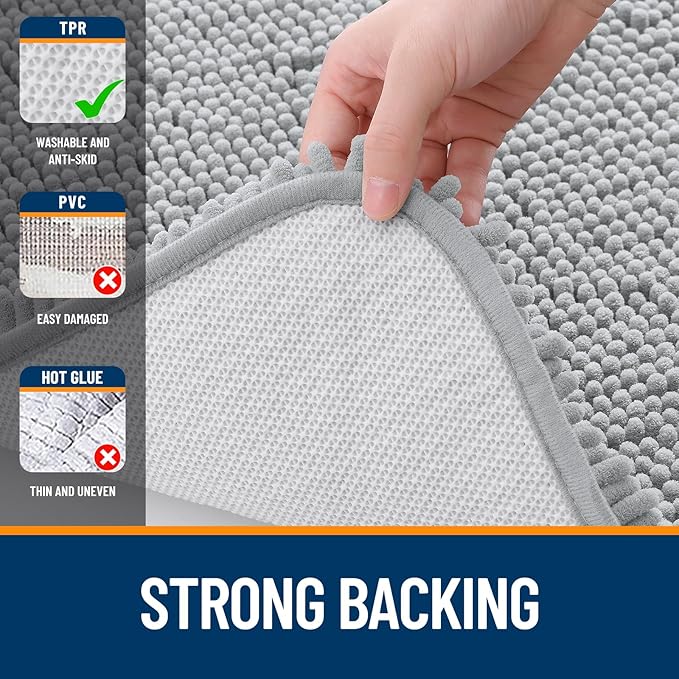 OLANLY Bathroom Rugs 59x24, Extra Soft Absorbent Chenille Bath Rugs, Rubber Backing Quick Dry, Machine Washable Bath Mats for Bathroom Floor, Tub and Shower, Home Decor Accessories, Light Grey