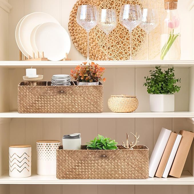 Cunhill 2 Pieces Seagrass Baskets with Lid Toilet Paper Basket with Lid Rectangular Hand Woven Wicker Bin Storage Box for Toilet Dresser Shelves Organizing(16.54 x 5.51 x 5.51 Inches,Khaki)