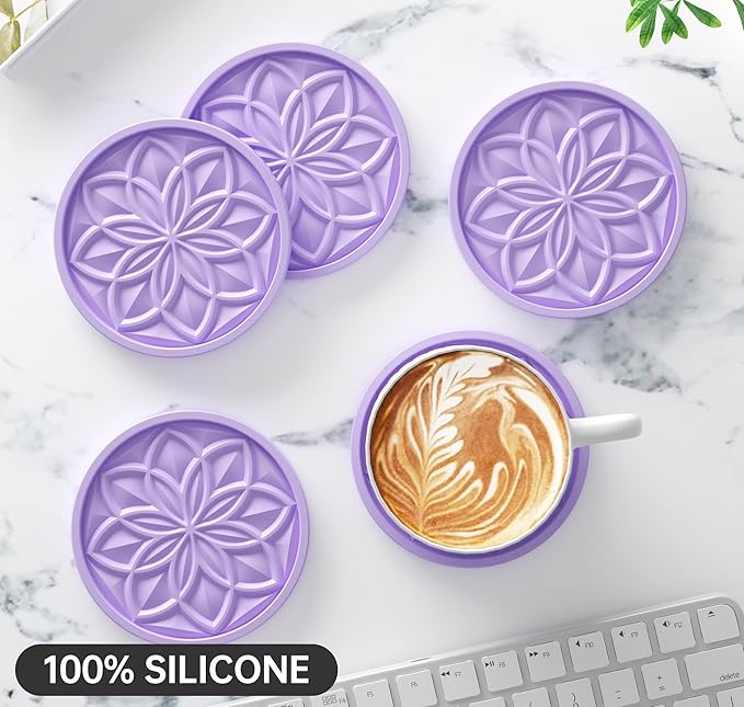 HFHOME Silicone Coasters Set for Drinks - 6 Pack With Holder, Table Cup Mat for Coffee Table, Desk, Bar - Tabletop Protection Gift - Light Purple