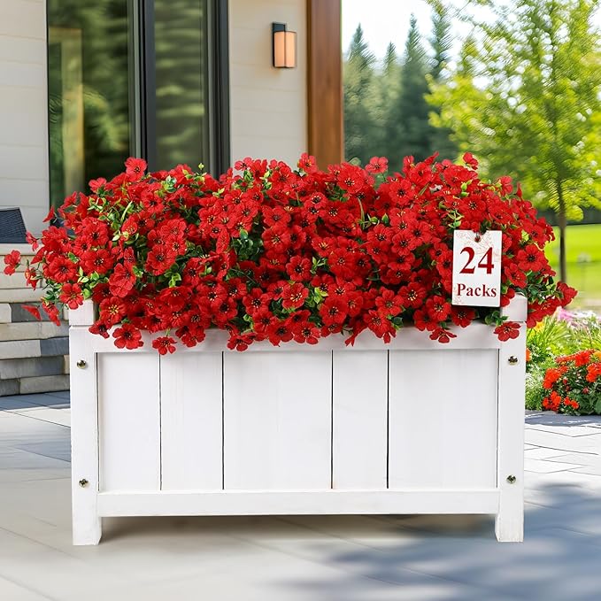 24 Bundles Artificial Flowers for Outdoors Decoration, UV Resistant Silk Violet Faux Colorful Daisy Eucalyptus Spring Fake Plants for Outside Indoor Yard Home Patio Porch Decor, Red