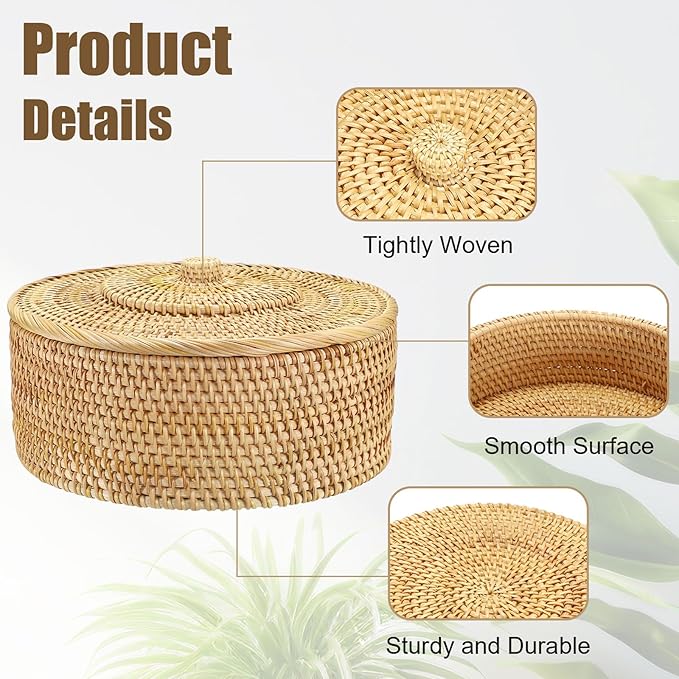 Hipiwe Round Rattan Boxes with Lid Woven Wicker Storage Basket Bin Decorative Shelf Baskets Multi-Purpose Household Organizer Lidded Basket for Storage Rattan Box, 11.9 x6 inch