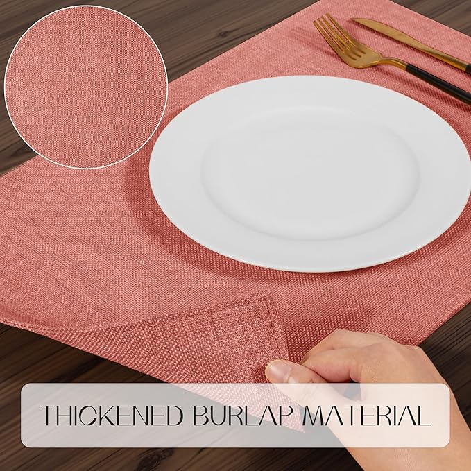 Romanstile Cloth Placemats Set of 6-12 x 18 Inch, Heat Resistant Double Layered Thickened Burlap Fall Place Mats, Washable Faux Linen Farmhouse Table Mats for Kitchen/Dining/Party/Outdoor, Orange