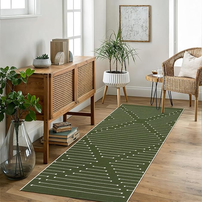 LIVEBOX Green Runner Rug 2'x6' Boho Washable Rug for Hallway, Moroccan Woven Entryway Throw Area Rug Indoor Cotton Mat for Kitchen Bedroom Laundry Bathroom Entry