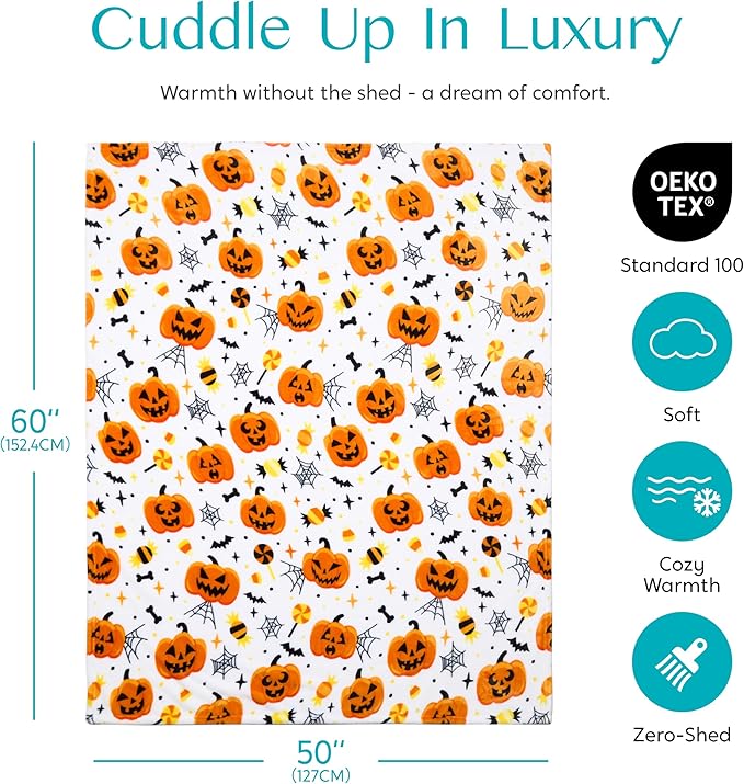 Joiedomi Halloween Throw Blanket - Soft Plush Spider Webs Bat Pumpkin Blanket - Cozy Flannel White Halloween Decoration for Party Sofa Bed Living Room 50"x60"