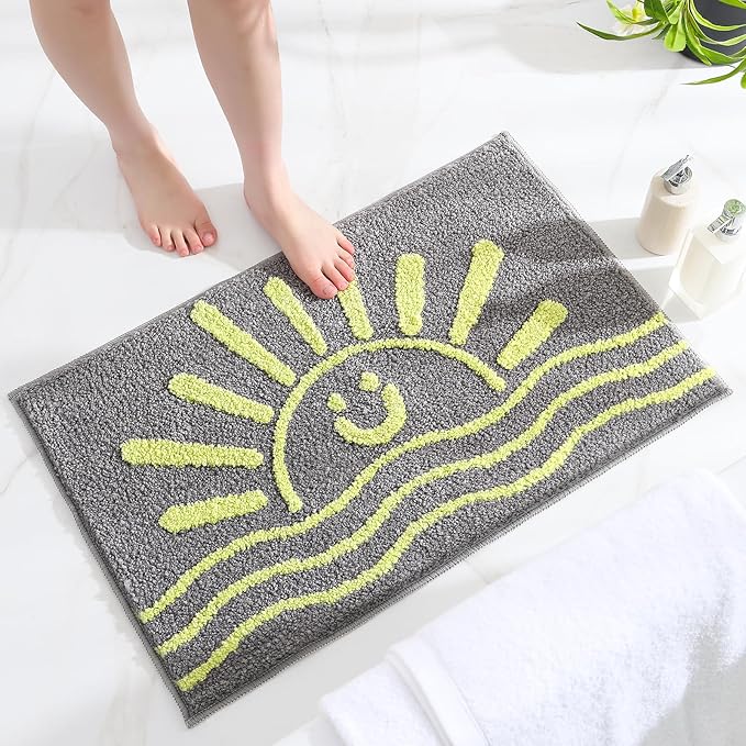 Bathroom Rugs Mat Rectangle 32"×20" - Cute Sun Smile Fun Grey Green Boho Bath Mats Non Slip, Soft Absorbent Microfiber Bohemian Rug,Machine Washable Rubber Rugs for Floor Bedroom Toilet Bathmat