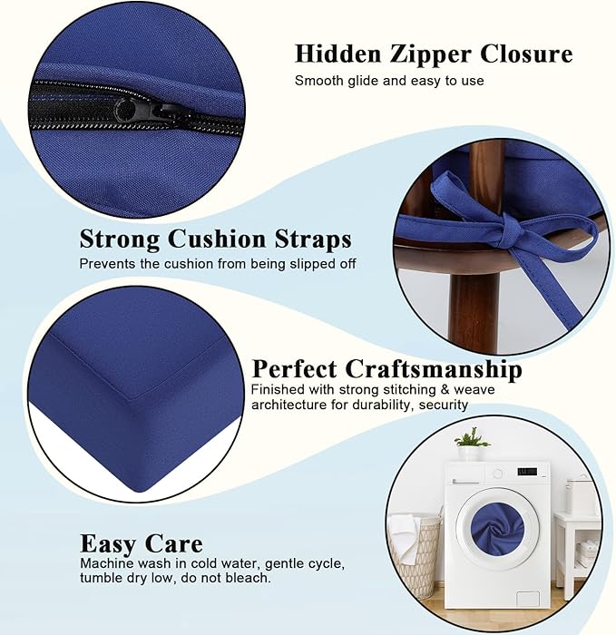 Topotdor Patio Chair Cushions Set of 2,Waterproof Outdoor Chair Cushions with Fade Resistant Removable Cover with Adjustable Straps for Patio Furniture Garden Sofa Couch,17.6"x16"x3" Blue