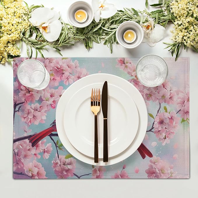 Giwawa Spring Birds Placemats Set of 4-12x18 Inch Red Bird Cherry Blossom Floral Place Mat- Stain Heat Resistant Linen Table Mats for Kitchen Dining Tabletop Seasonal Party Indoor Outdoor Decor