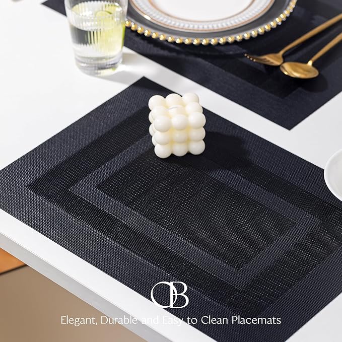 Placemat Set of 4 - Easy Clean Woven Vinyl Placemats for Dining Table, Indoor/Outdoor Place Mats, Washable PVC Table Mats(Black Cube)