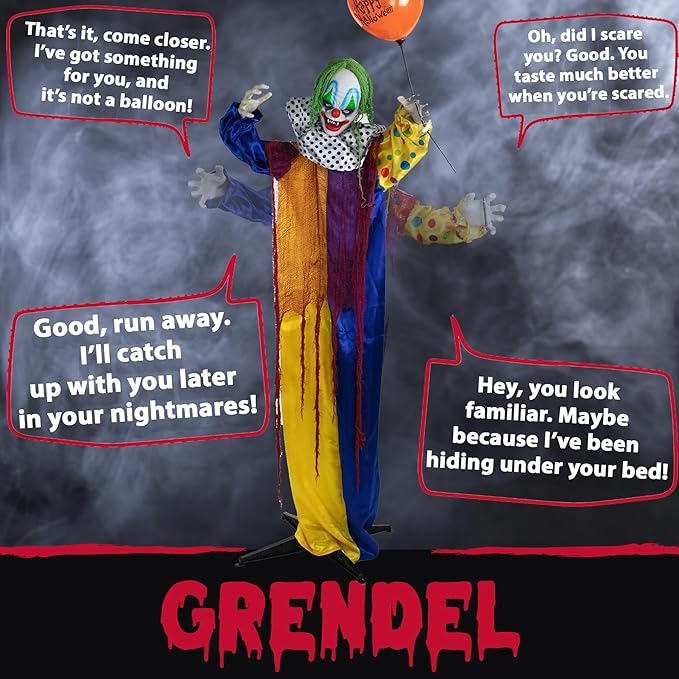 Haunted Hill Farm Life-Size Scary Talking Clown Halloween Animatronic with Motion and Touch Activated Lights and Sounds, Battery Operated Indoor or Covered Outdoor Creepy Halloween Decorations