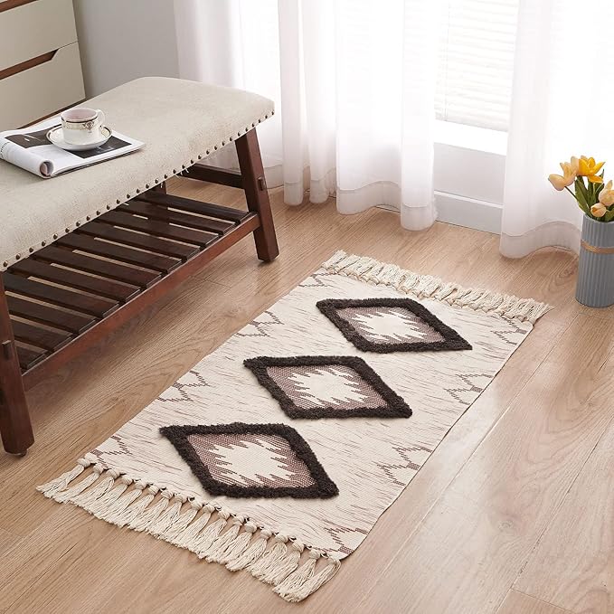 Boho Bathroom Rugs 2x3ft Farmhouse Bath Runner Rug, Small Tufted Cotton Accent Floor Mat with Tassels, Brown