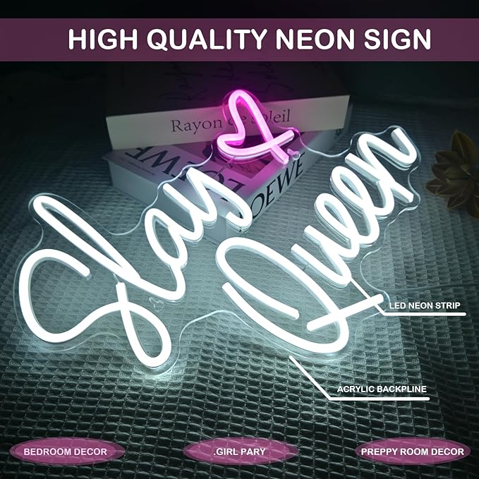 Slay Queen Neon Sign White Led Neon Signs Preppy Room Neon Lights For Wall Decor Dimmable Light Up Sign For Bedroom Bar Party Y2k Club Dorm Decoration Girls Gifts (15.7 * 12.6in)