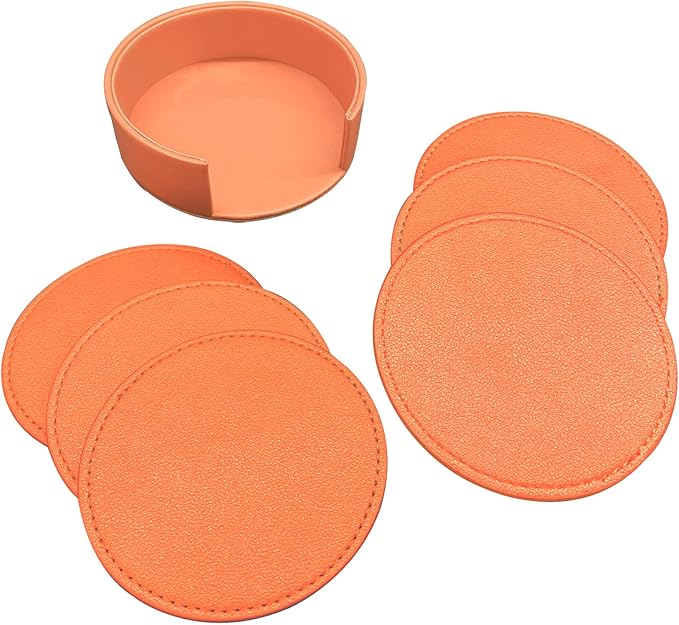 Coasters Set of 6 Soft Leather Drink Coaster Round Coaster with Sewing Around, Suitable for Various Cups, Wooden Tables,Home Decoration,4 Inches (Orange,Sewing Type)
