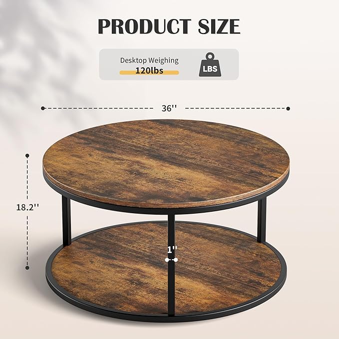 JUMMICO 36" Coffee Tables with Storage, 2-Tier Round Coffee Table, Center Table for Living Room, Furniture for Small Spaces, Brown