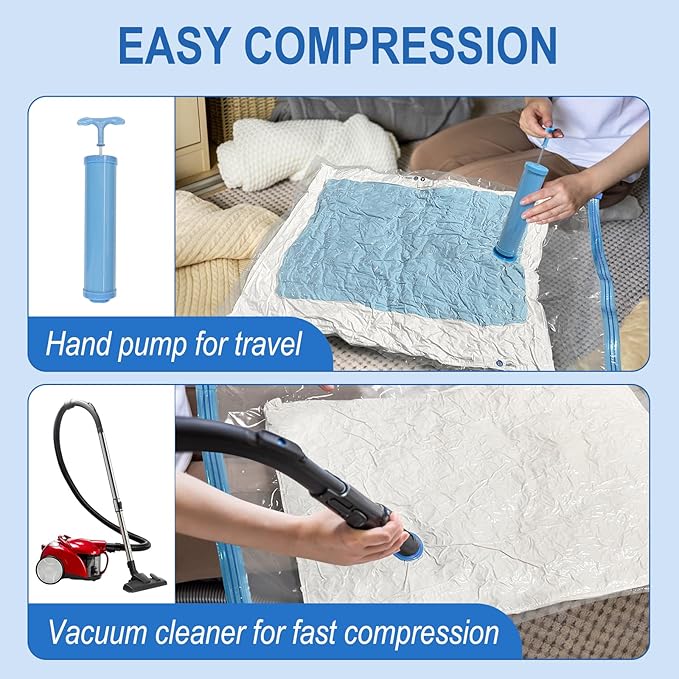 10 Pack Jumbo Vacuum Storage Bags with Hand Pump, Plastic Packaging Bags, 80% Space Saver Vacuum Seal Bags for Clothing, Travel Lugggage, Blankets, Comforters