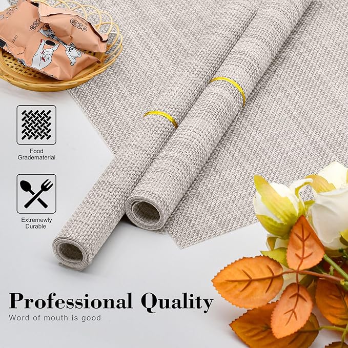 Placemats Set of 6 Washable Indoor/Outdoor Vinyl Place Mats for Dining Table Durable Non-Slip Heat Resistant PVC Weave Table Mats(Beige)