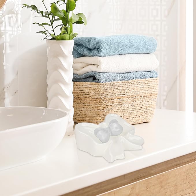 Bowknot Soap Dish, Bow Shaped Ceramic Drain Soap Box, Ceramic Soap Dish for Bathroom, Sinks, Kitchen (White)