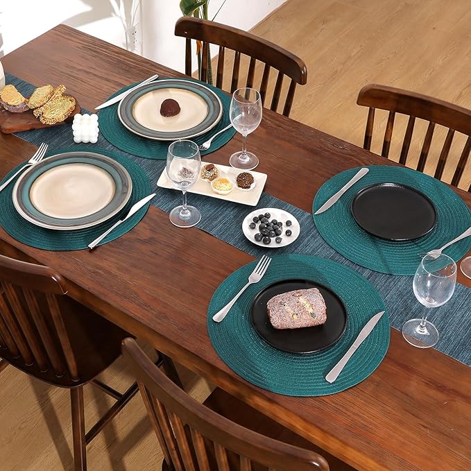 SHACOS Round Placemats Set of 4 Woven Braided Table Placemats 15 inch Circle Place Mats Washable Non Slip Table Mats for Home Wedding Party, Teal Green