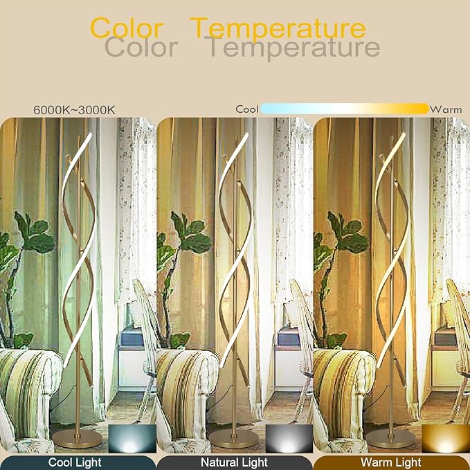 61" LED Floor Lamp for Living Room, 40W 3 Colors Stepless Dimmable and Color-Changing Bright Floor Standing Lamp,Unique Spiral Floor Tall Lamp for Bedroom Office with Remote (Gold)