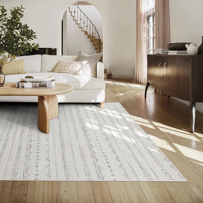 Deerly Washable 5x7 Rugs for Bedroom, Moroccan Farmhouse Area Rug 5x7 with Non-Slip Backing, Soft Low Pile Indoor Floor Carpet Boho Neutral Area Rug for Living Room Home Office Decor, Light Grey
