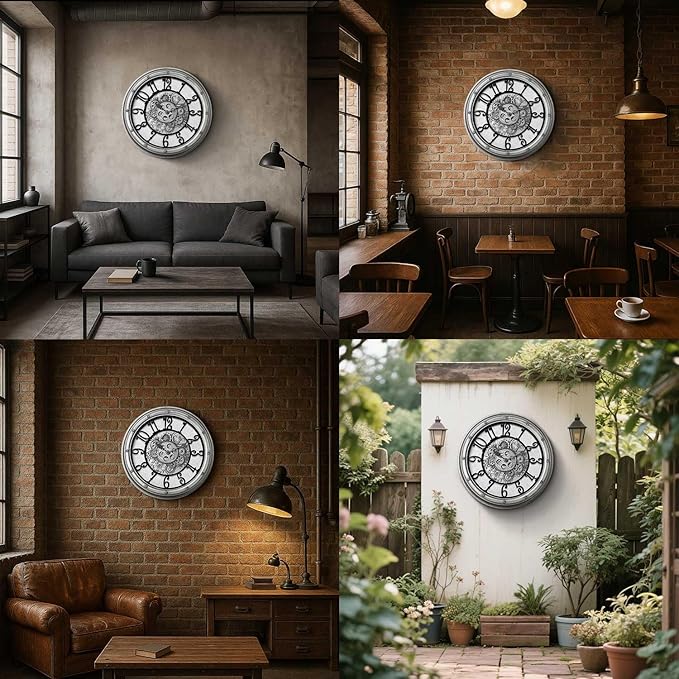 Wall Clock with Moving Gears, Vintage Industrial 16-Inch Silent Non-Ticking Steampunk Timepiece, Retro Frame Analog Battery Operated Rustic Mechanical Decor for Living Room, Home, Office, Loft(Sliver)