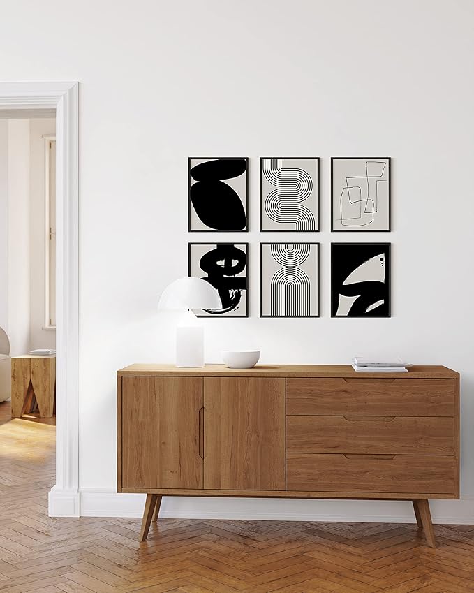 HAUS AND HUES Black Abstract Painting Aesthetic Wall Art- Set of 6 Modern Abstract Wall Art, Black and Gray One Line Abstract Art, Geometric Print Wall Art, Minimalist Wall Art (11x14, Unframed)