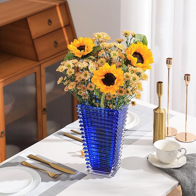 MCMCNCUIU Crystal Vase, Large Crystal Vases for Flowers, Large Flower Vase, Modern Blue Vases for Living Room, Bedroom, Kitchen, Dining Table, Mantle, Wedding, 11 Inches