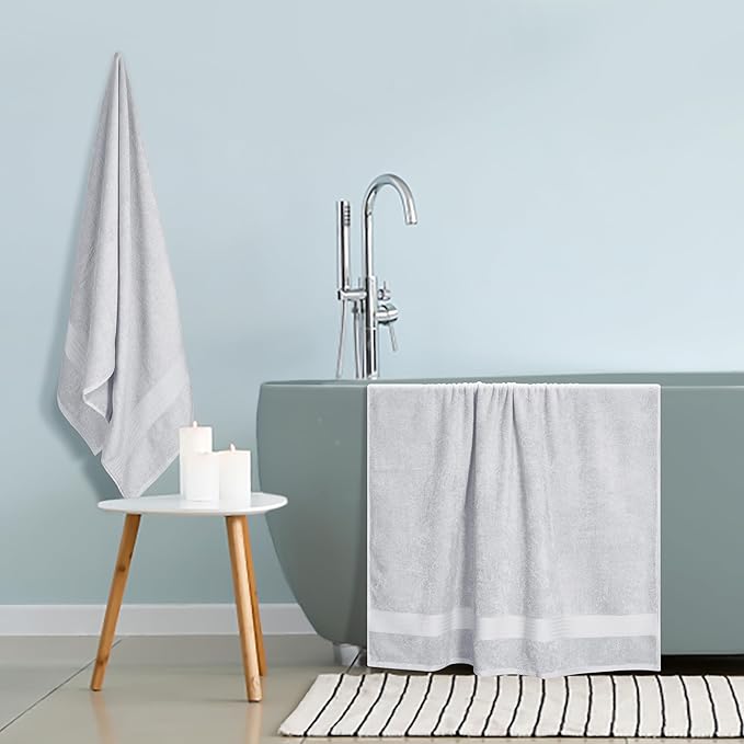 GLAMBURG Premium Cotton Oversized 2 Pack Bath Sheet 35x70-100% Pure Cotton - Ideal for Everyday use - Ultra Soft & Highly Absorbent - Machine Washable - Light Grey