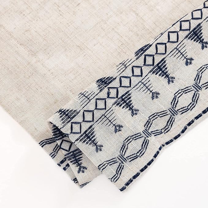 Lazzzy Blue Boho Linen Blend Curtains 63 Inch Long for Bedroom, Living Room, Bohemian Embroidered Light Filtering Window Drapes, Grommet Window Treatment, Set of 2 Panels, Blue on Beige