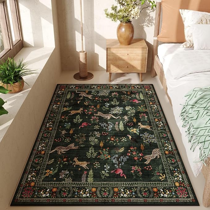 Area Rug 4x6 Rug Washable Boho Rugs Non Slip Low Pile Floral Animal Small Carpet for Bedroom, Bedside, Kids Room, Office, Dining Room (Green)