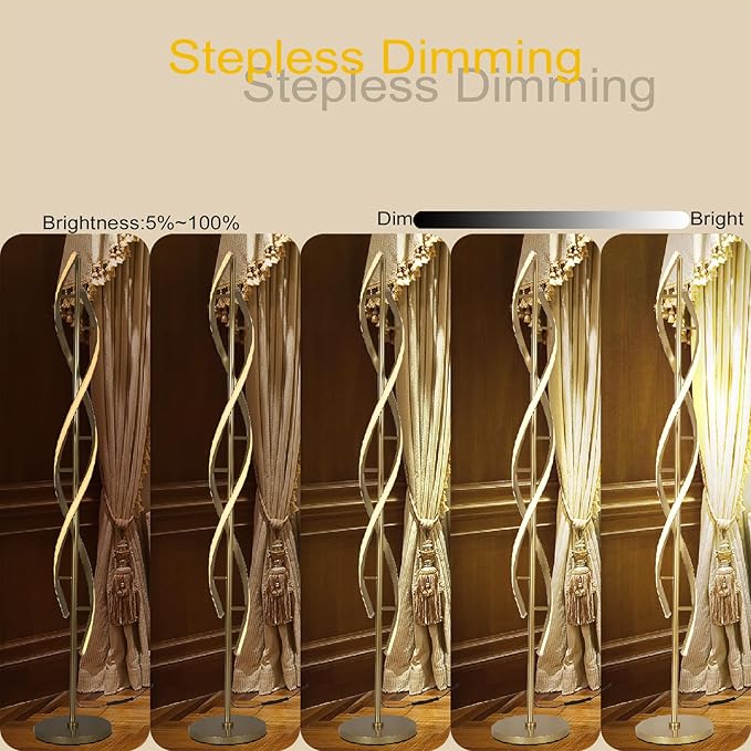 61" LED Floor Lamp for Living Room, 40W 3 Colors Stepless Dimmable and Color-Changing Bright Floor Standing Lamp,Unique Spiral Floor Tall Lamp for Bedroom Office with Remote (Gold)