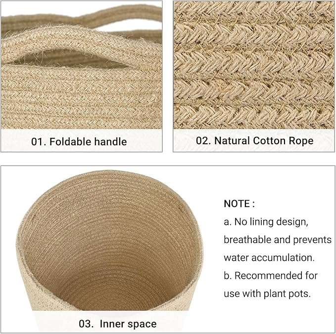 Dahey Jute Rope Plant Basket Modern Woven Storage Basket for 10" Indoor Planter, Decorative Flower Pots Cover Laundry Bin with Handle Rustic Home Decor, Beige