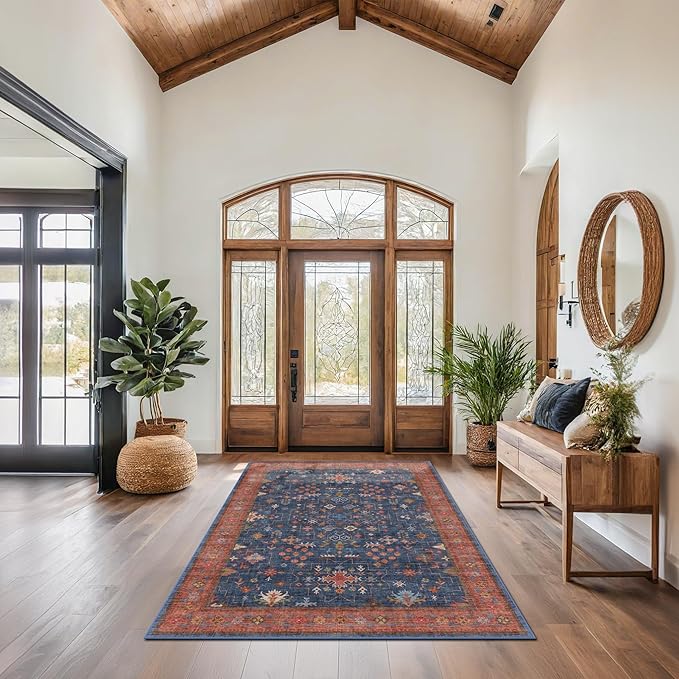 Dark Blue & Terracotta 5x8 Living Room Rug - Machine Washable Area Rugs for Bedroom, Dining Room, Kitchen Floor, Small Office, Low Pile Non-Slip Rubber Backing & Stain Resistance