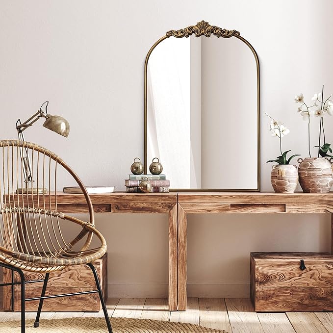 Ornate Baroque Vintage Gold Mirror - 24"X36" Arched Antique Brass Mirror with Full Metal Frame - Perfect for Entryway, Fireplace, Living Room, Hallway, or Bathroom Décor