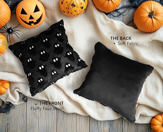 4TH Emotion Halloween Ghost Decorative Pillow Covers 20x20 Set of 2, Black Soft Plush Faux Fur Farmhouse Throw Cushion Cases for Fall Autumn Holiday Home Decorations