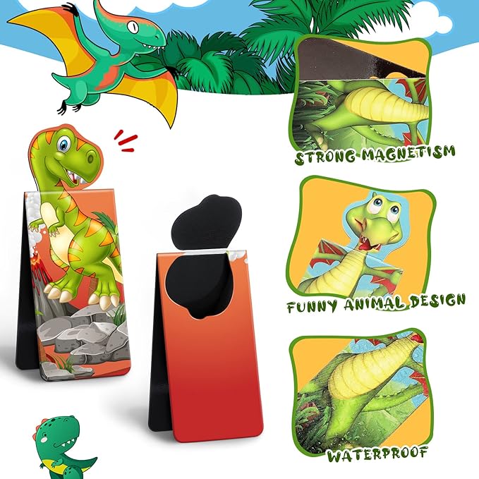 Sepamoon 12 Pcs Magnetic Bookmarks Book Marks Cute Magnet Page Markers Page Clips Funny Animal Bookmarks for Students Teacher Reading Party Favor (Dinosaur Style)
