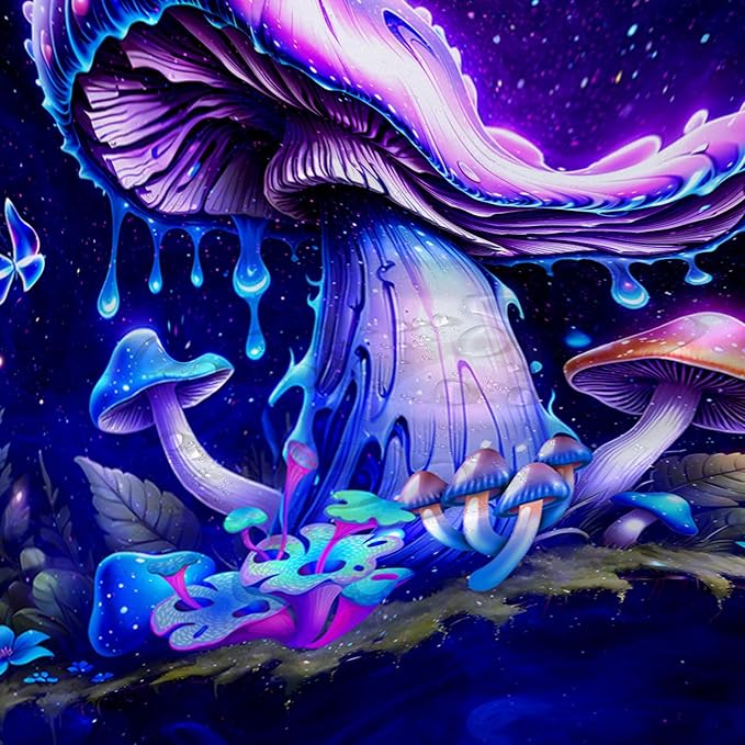 AILONEN Magic Mushroom Shower Curtain,Blue Butterfly Waterproof Fabric Bath Curtain for Kids Girl,Boho Style Shower Curtain Set for Bathroom,Natural Fungal Shower Curtain with Hooks 72" W*84" H