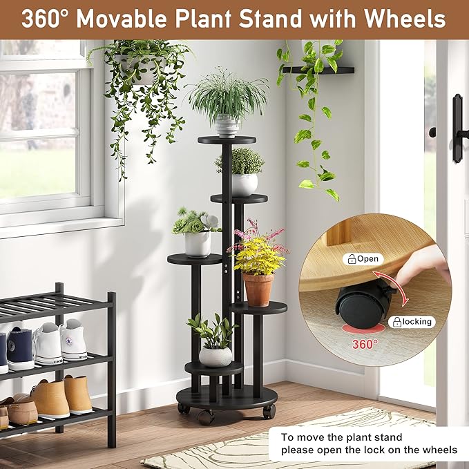 FILWH Plant Stand For Outdoor Indoor Tall Bamboo Flower Stand with Wheels Plant Shelf Pot Holder Plants Corner Display Rack for Balcony Garden Patio(Black)