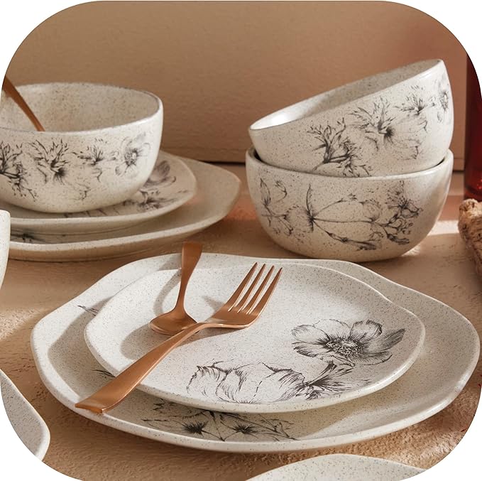Corona Dinnerware Set 12– piece, Plates and Bowls Set, Ceramic Sets for 4, Microwave and Dishwasher Safe, Elea Floral Design