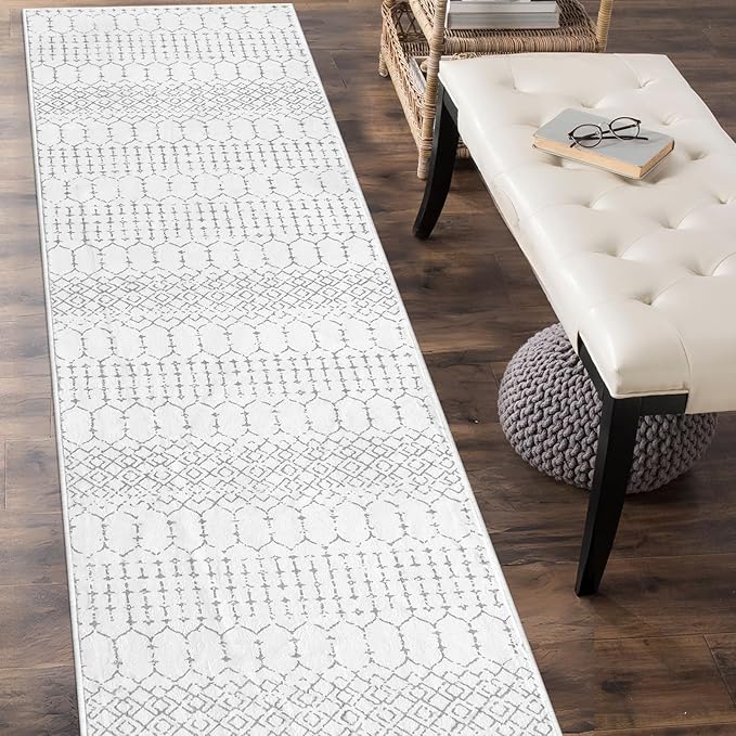 Lahome Moroccan Kitchen Runner Rugs Non Skid Washable - 2x10 Non-Slip Extra Long Rug Runner for Hallways, Modern Geometric Print White Soft Floor Carpet for Bathroom Entryway Foyer
