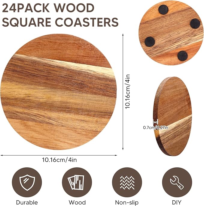 24PCS Wood Coasters Round Wooden Coasters for Drinks Coffee Table with Non-Slip Pad Acacia Cup Coasters for Coffee Home Kitchen 4 Inch Round