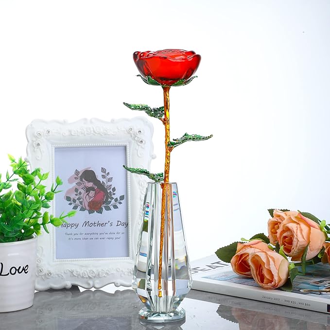 HDCRYSTALGIFTS Crystal Rose Flower Figurine Collectible Flower Gifts for Women,Crystal Glass Flower Collectible Ornaments for Christmas Home Table Centerpiece