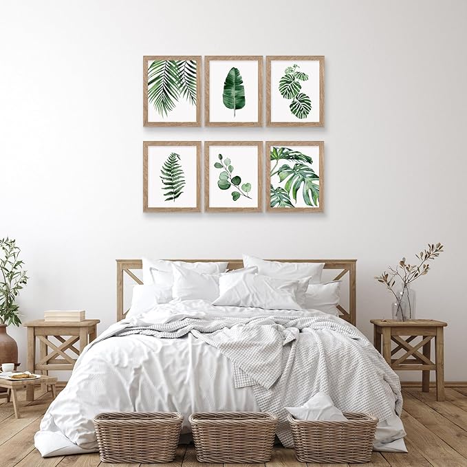 Framed Botanical Wall Art Prints Set of 6 - Tropical Leaves Canvas With Frame, Plant Leaf Boho Pictures, Green Art Posters for Bedroom (Leaf Wall Art, 8"x10" Framed)