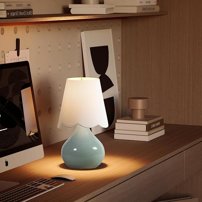 Ceramic Table Lamp,14''Small Bedside Lamp for Girls Bedroom, UL Certified, Desk Lamp with Handcrafted Ceramic Base & Linen Shade for Desk, Bedside Table, Cozy Teens Room Decor