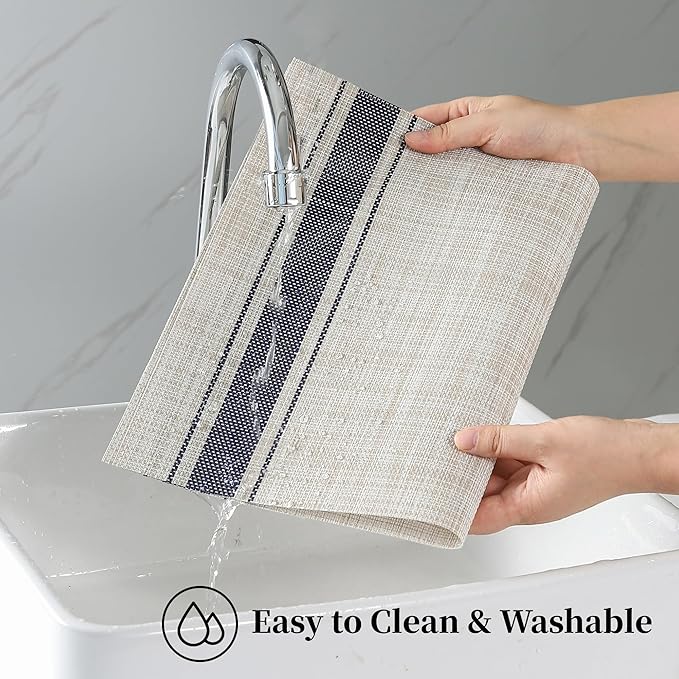 Leetaltree Khaki-Blue Placemats, Heat Resistant Non-Slip Place mats for Dining Table, Washable Durable PVC Vinyl Woven Table Mats (Set of 6)