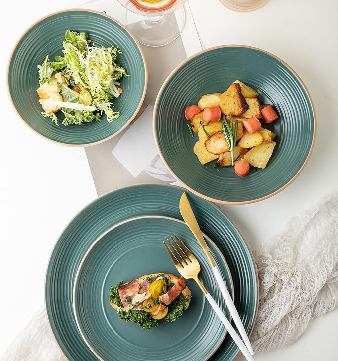RINGAR Round Stoneware 16pc Dinnerware Set of 4, Dinner Plates, Side Plates, Cereal Bowls, Mugs - Speckle Matte Green (434540)
