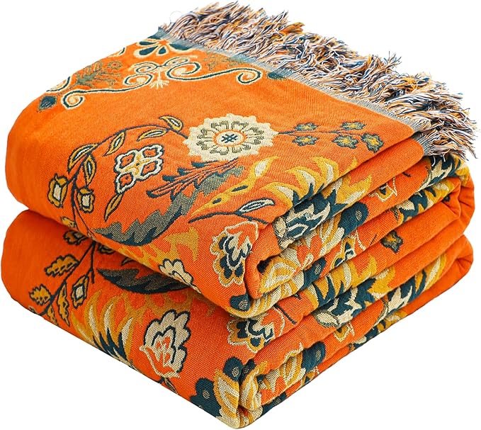 Boho Throw Blanket, 100% Cotton Muslin Breathable Soft Bed Throw - Floral Farmhouse Decor Blanket for Sofa Couch Chair and Gift. 60" x 80"- Orange