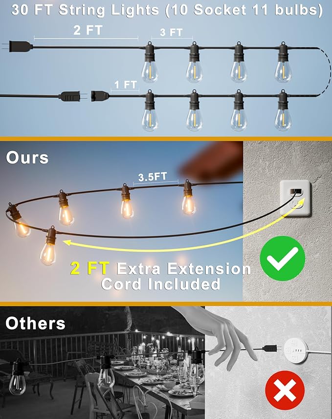 30FT LED Outdoor String Lights with 10+1 Edison Shatterproof IP65 Waterproof Bulbs, 2700K Dimmable Commercial Grade Patio Lights, Heavy Duty Outside Hanging Lights for Garden Porch Decor